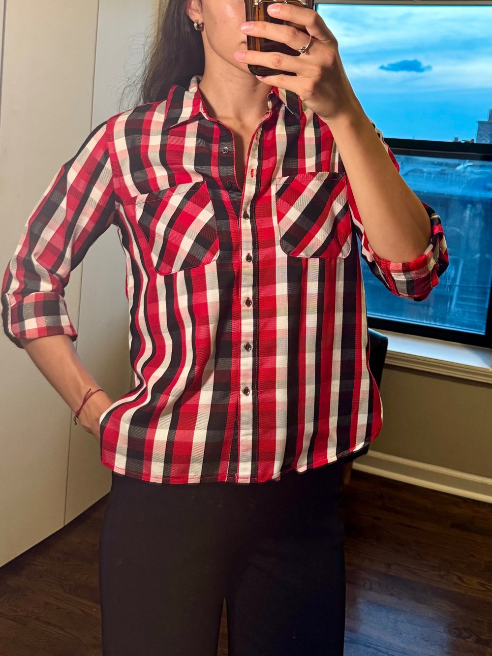 Women's Red Plaid Button-Front Shirt